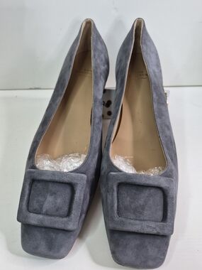 ANN MASHBURN Gray Suede Square-Toe Flats with Buckle Accent